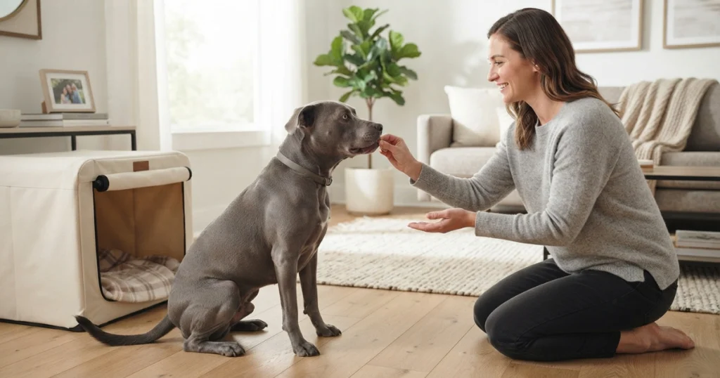 A dog receiving positive reinforcement training to build confidence when left alone