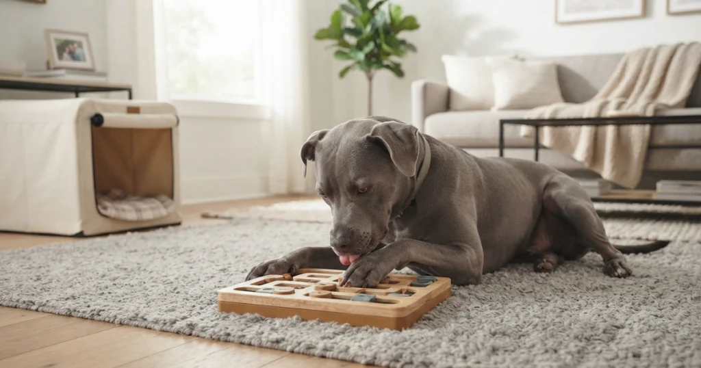 A dog engaging with a puzzle toy as part of counterconditioning training