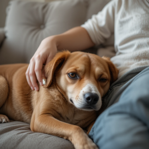 Relaxed dog resting beside its owner on a couch in a calm and comforting home environment.