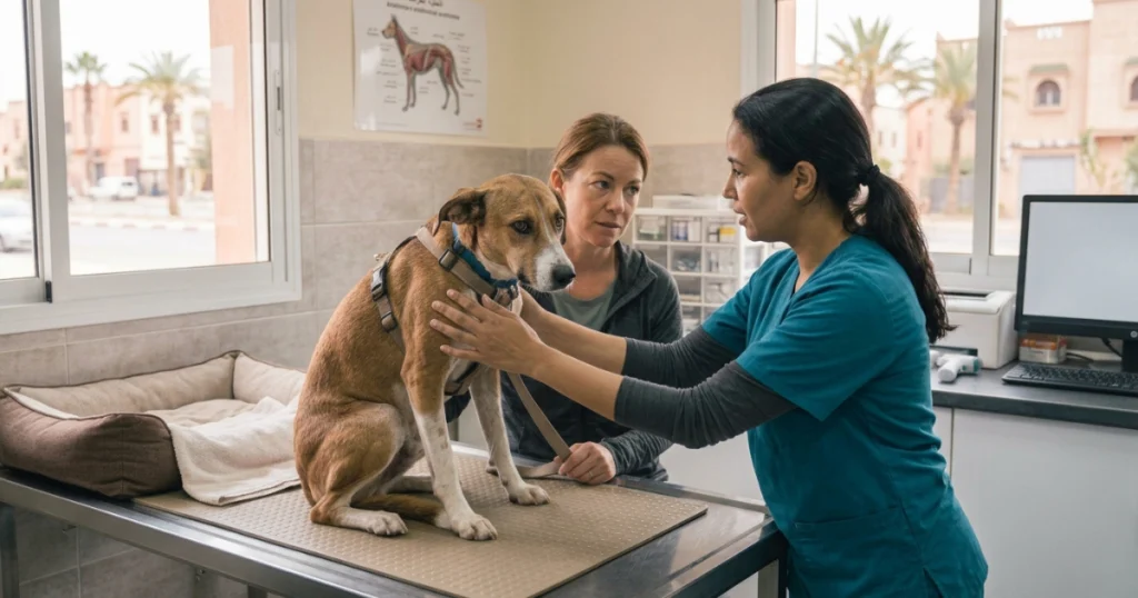 Veterinarian helping a dog with severe travel anxiety