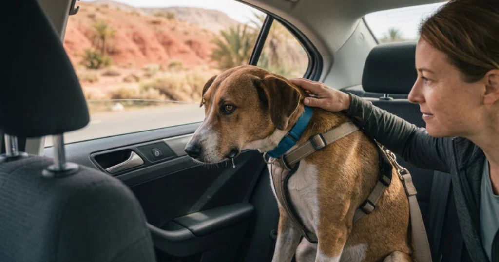 Dog experiencing travel anxiety during a car ride