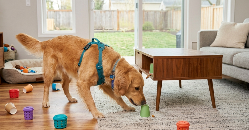 Happy dog playing a scent-finding game with treats as part of confidence-building training