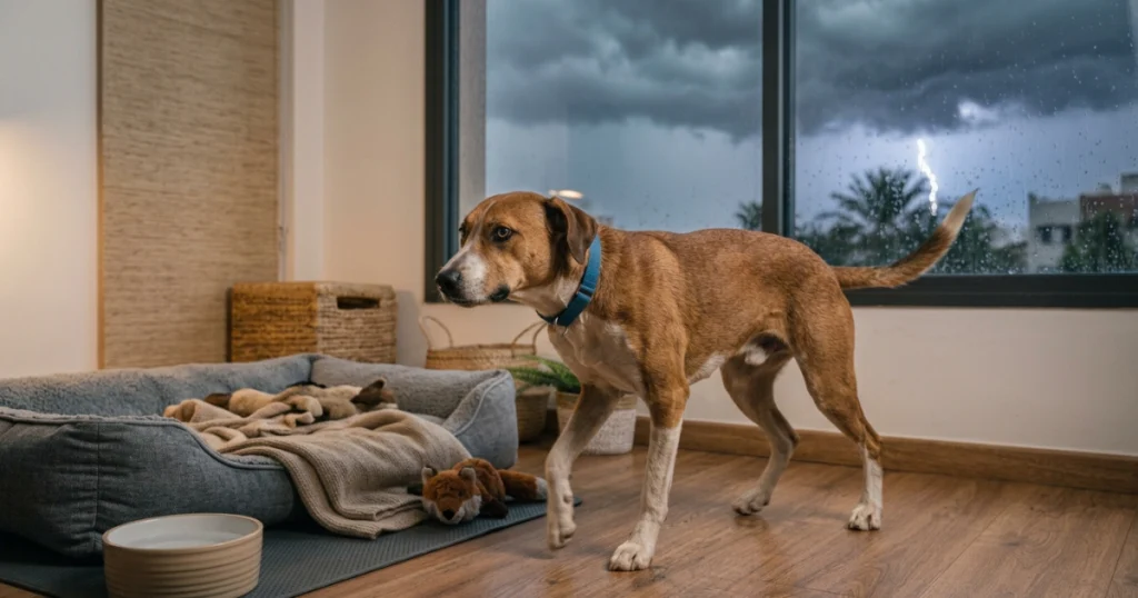 Anxious dog pacing during thunderstorm