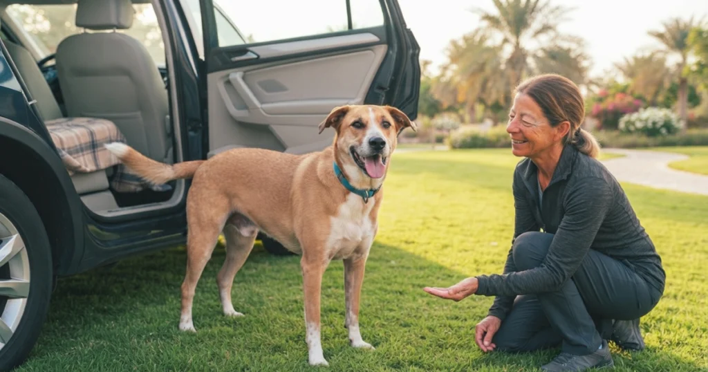 A happy, relaxed dog arriving at a park after a calm car ride