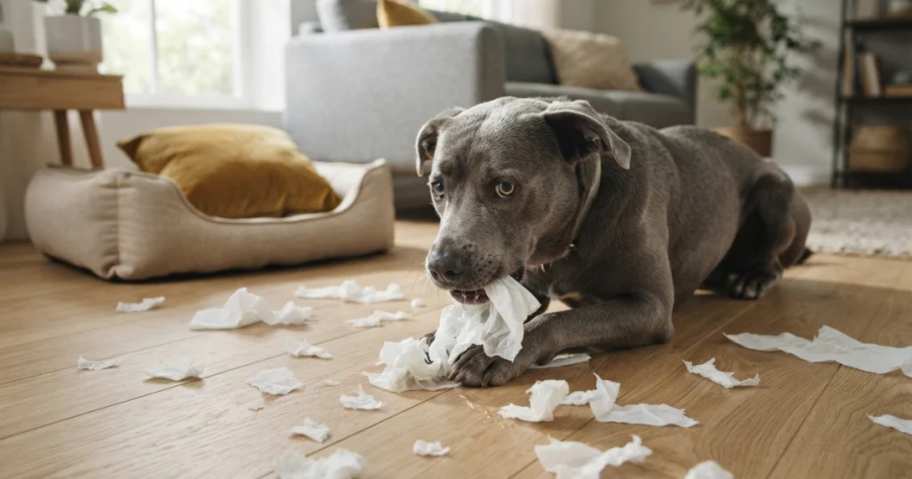 Anxious dog showing destructive behavior while home alone