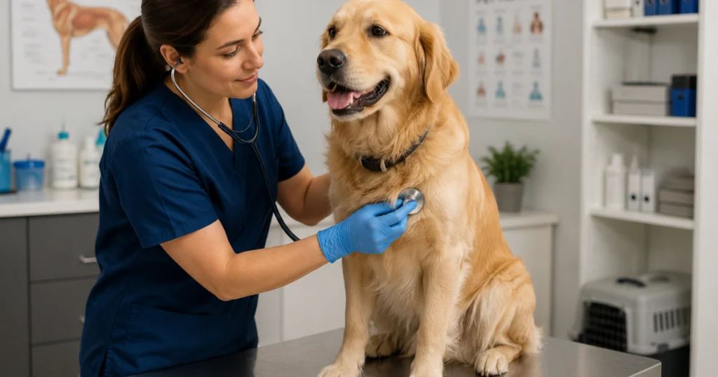 A dog receiving a check-up at the veterinarian's office