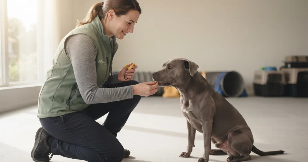 A dog trainer using a clicker to mark and reward calm behavior
