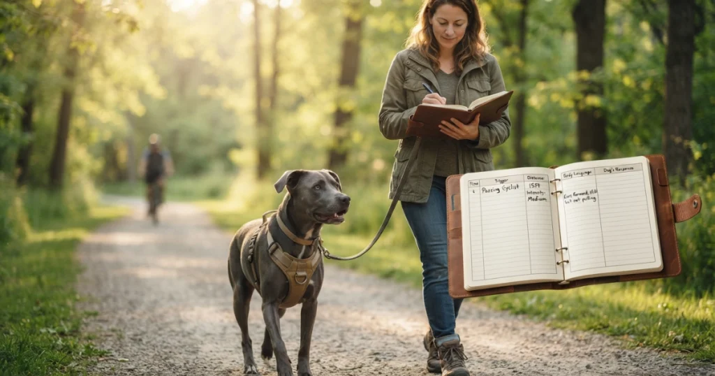 Tracking a dog's fear triggers in a behavior journal during a calm outdoor walk