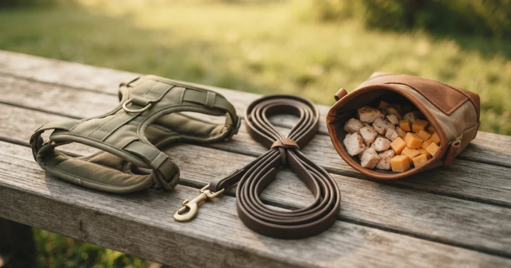 Dog training equipment including a front-clip harness, long training leash, and high-value reward treats