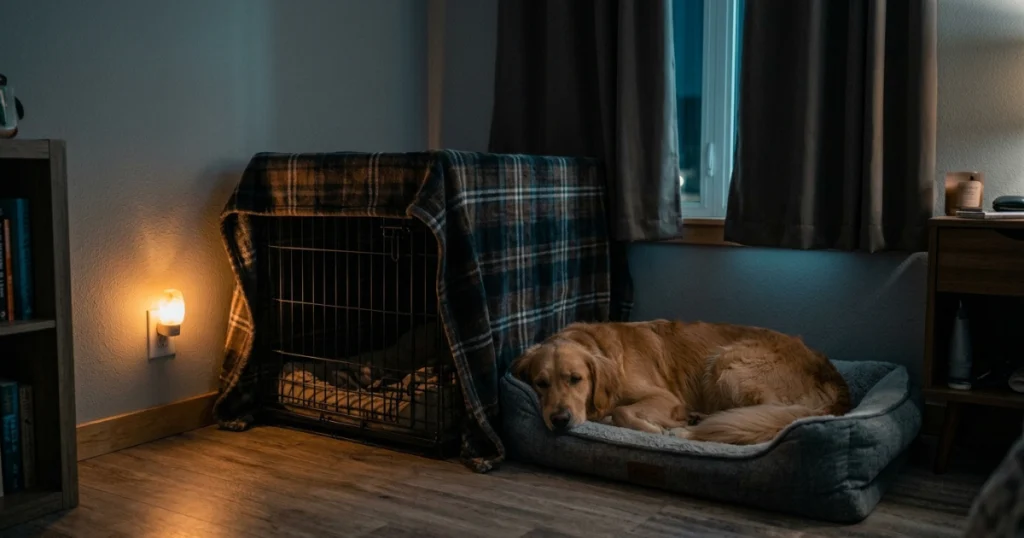 Dog resting near a covered crate with a nightlight at night