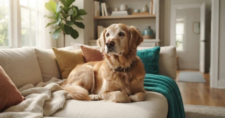 an anxious dog sitting alone on a comfortable couch at home, showing subtle signs of anxiety