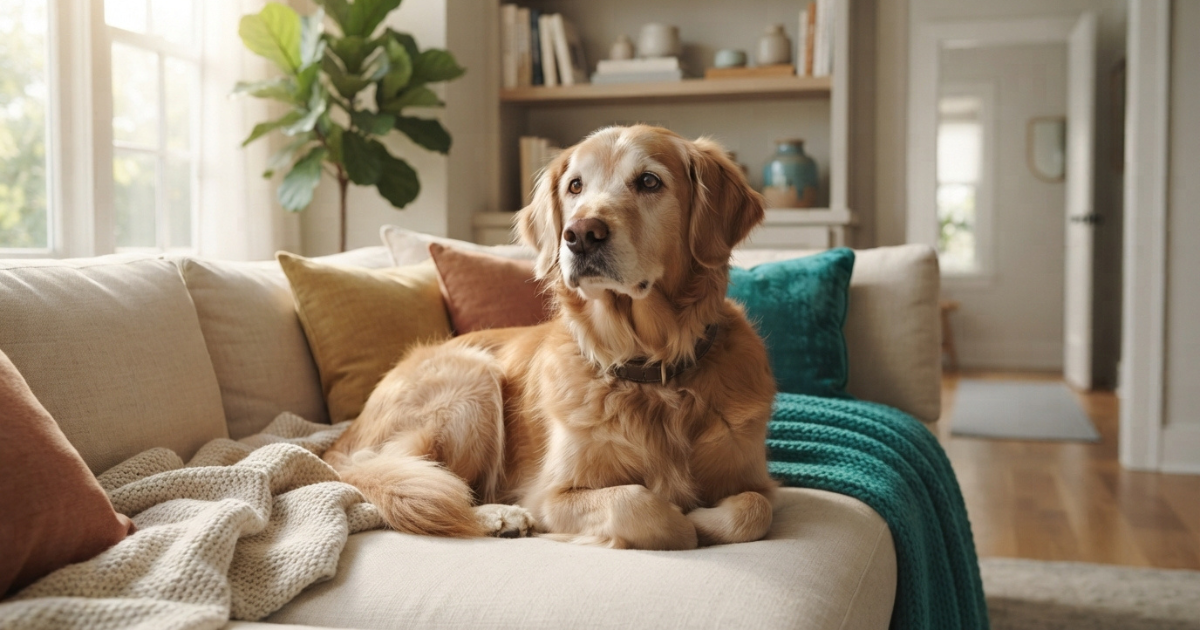 an anxious dog sitting alone on a comfortable couch at home, showing subtle signs of anxiety