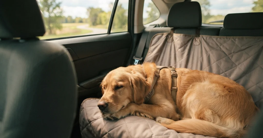 Dog resting calmly during a trial car ride while on travel anxiety medication