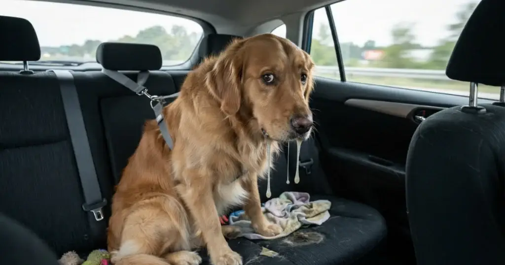 dog drooling and looking uncomfortable