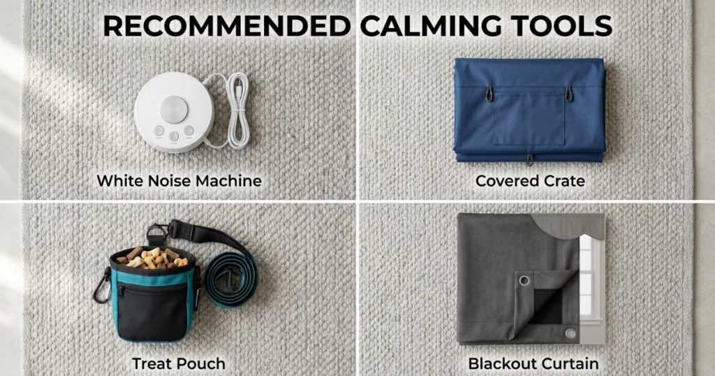 recommended tools — white noise machine, covered crate, treat pouch, blackout curtain