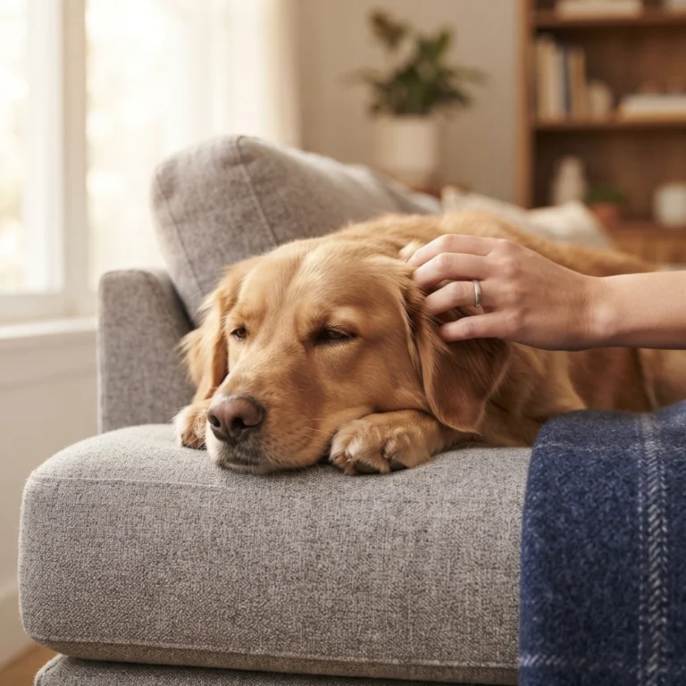 Relaxed dog resting beside its owner on a couch in a calm and comforting home environment.