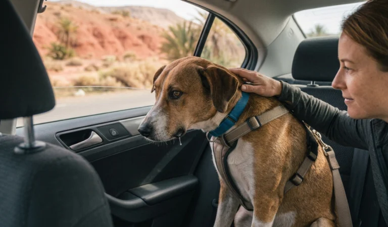 Dog experiencing travel anxiety during a car ride