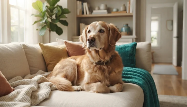 an anxious dog sitting alone on a comfortable couch at home, showing subtle signs of anxiety
