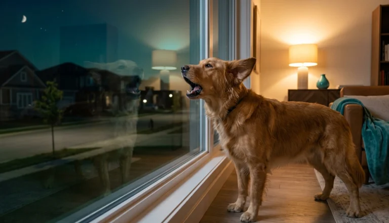 Dog barking at night , showing signs of nighttime anxiety or alert behavior in low light conditions.