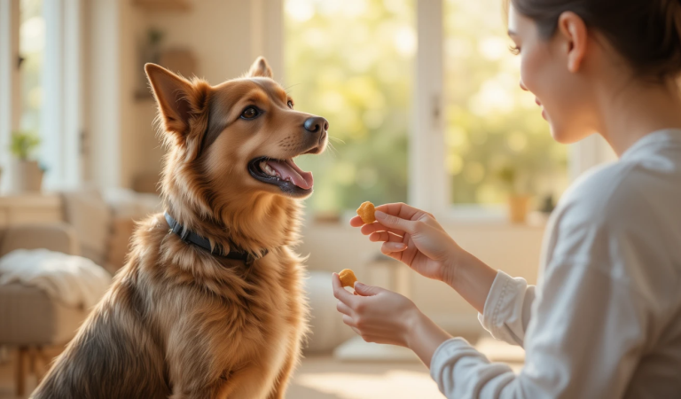 Dog owner rewarding a relaxed dog during positive reinforcement training at home.